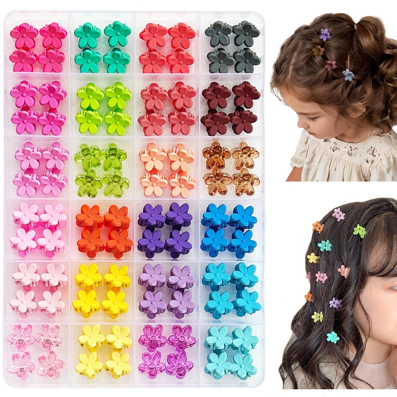 96pcs Mini Flower Hair Clips - 24 Multicolors in Organizer Box